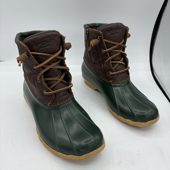 Sperry Rain‎ Duck Boots Womens Size 7 Green Brown Lace Leather STS90998F - Picture 1 of 9
